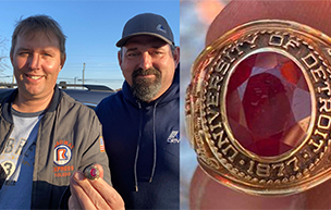 Dave Wozniak, on the left, holding his father's returned class ring, with Marty Gair on the right, who helped ensure the ring's return. The University of Detroit class ring up-close on the right, with a red stone in the center.