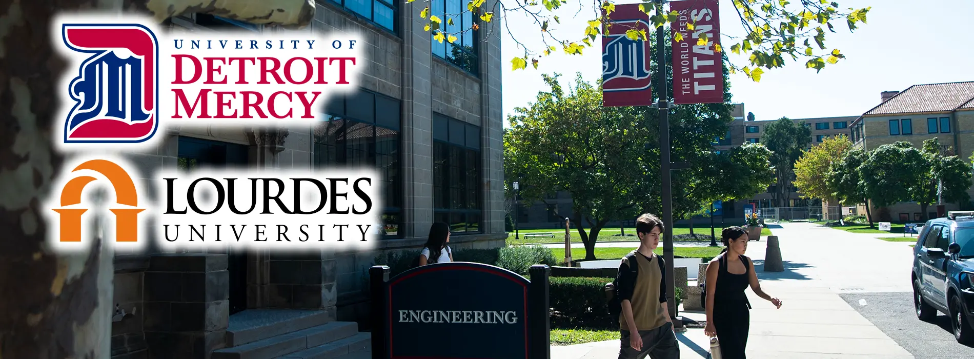 UDM college of engineering building and students outside