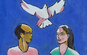 An illustration of a man and a woman with a dove flying above them.