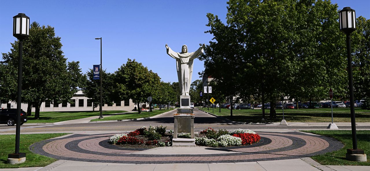 Photo of Touchdown Jesus statue on Detroit Mercy's McNichols Campus.