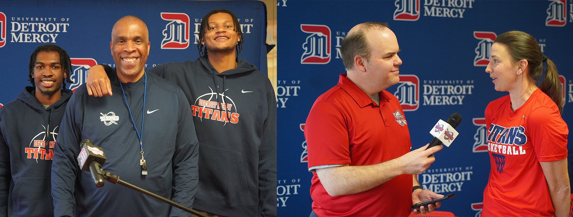 Five people standing indoors, three on the left smiling for the camera and one interviewing the other in the photo on the right. Some members are wearing Detroit Mercy basketball apparel and a big blue University of Detroit Mercy backdrop is behind them in both photos.