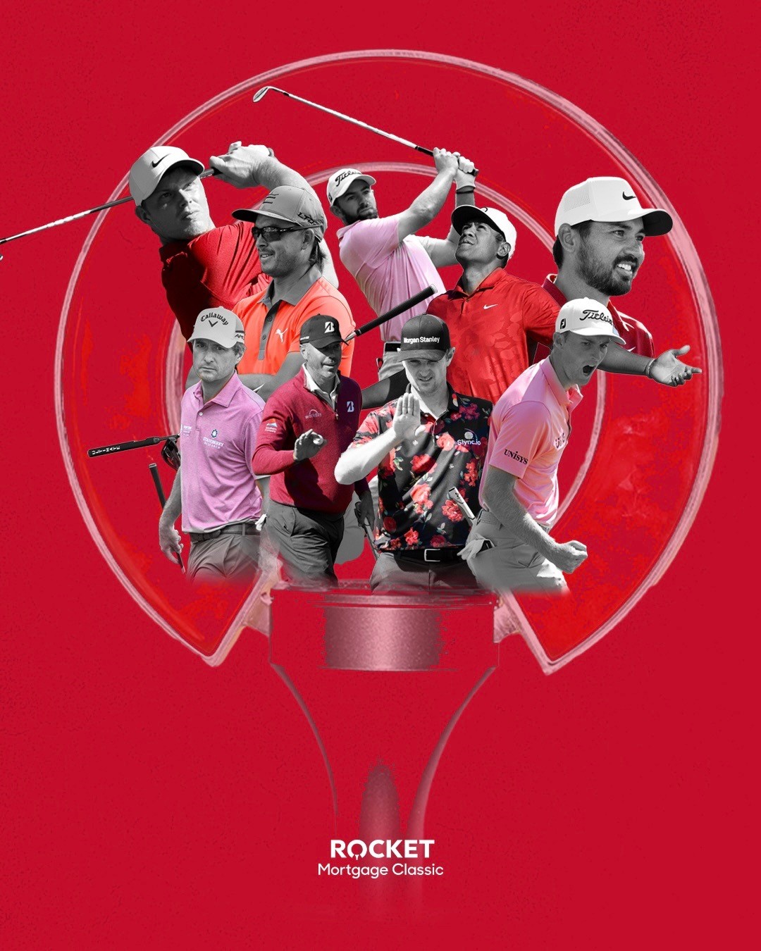 Nine golfers are featured on a red graphic for the Rocket Mortgage Classic.