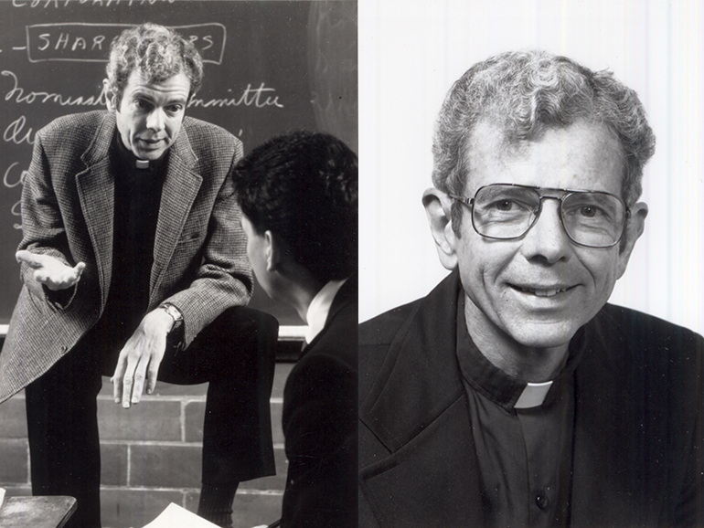 Fr. Cavanagh instructing a student at left and posing for a photo on the right.