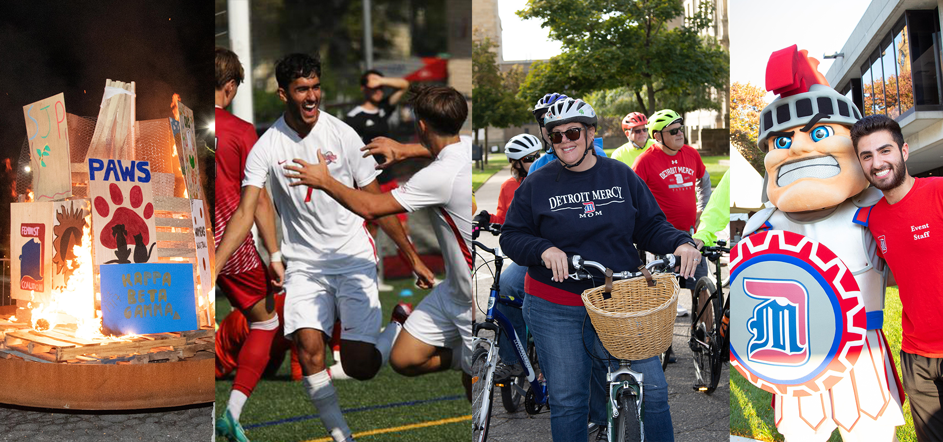 Four different pictures from past Homecoming events, including a bonfire, soccer game, bike ride and a student posing with Tommy Titan.