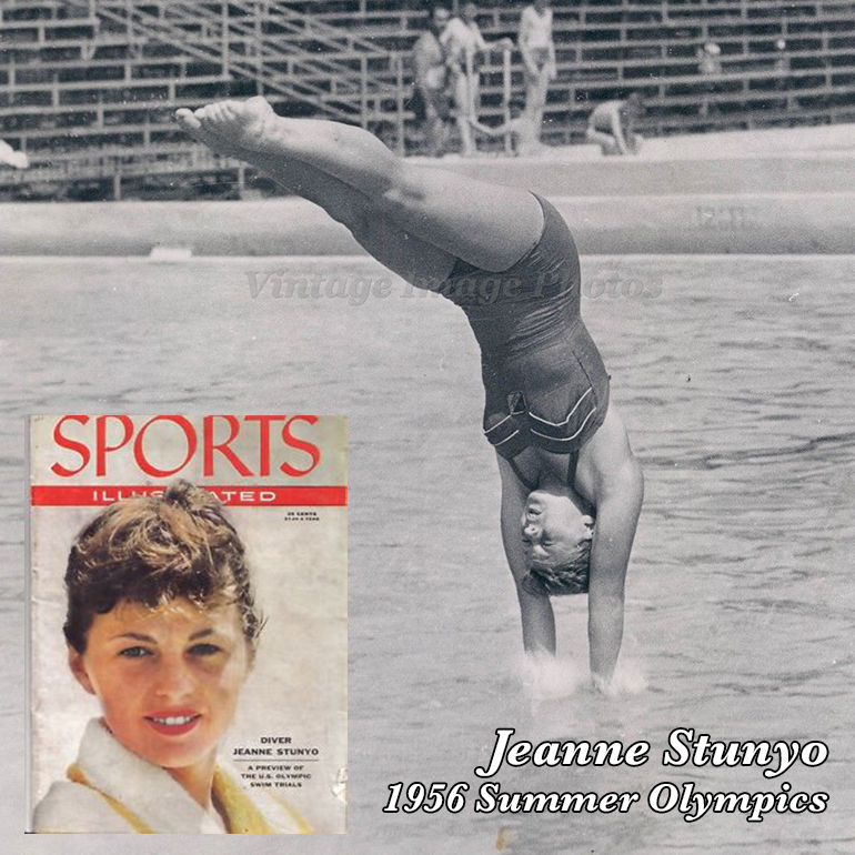 A photo of Jeanne Stunyo competing in diving, along with a Sports Illustrated cover featuring a photo of Stunyo. Text reads Jeanne Stunyo, 1956 Summer Olympics.