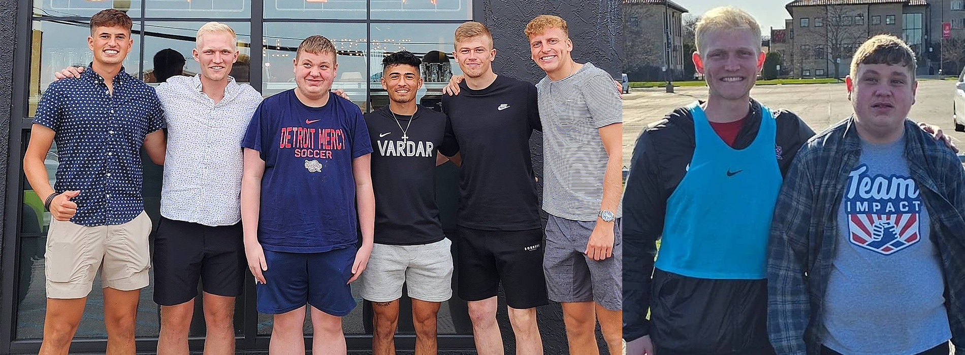 Two photos feature members of the Titans men's soccer team with Adam Clarke, who in one photo wears a Detroit Mercy men's soccer shirt and the other a Team IMPACT t-shirt.