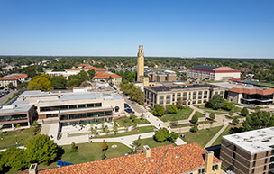 An aerial view of the McNichols Campus during fall.