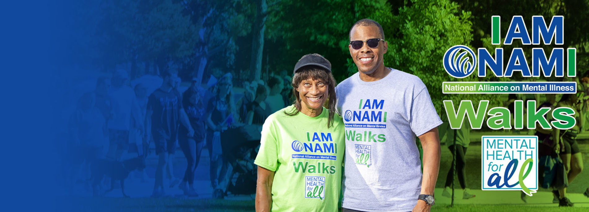 A graphic for the National Alliance on Mental Illness I am NAMI walks, featuring two people in the foreground and dozens of people walking in the background. A Mental Health for All badge is also displayed on the graphic.