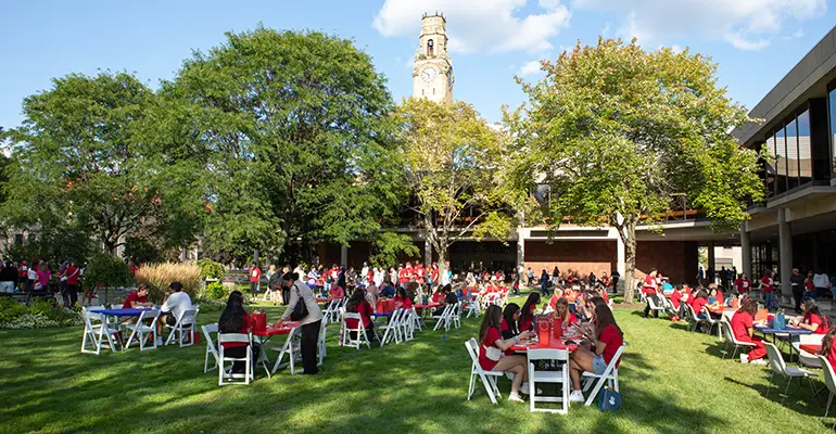 new students at outdoor lunch