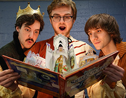 Three actors look into a book in a promo photo for The Complete Works of William Shakespeare.