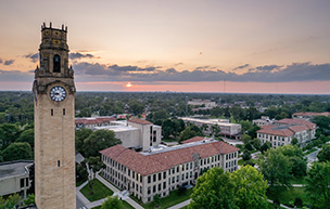 An aerial photo of the McNichols Campus and clocktower.