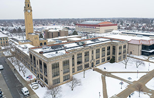 An aerial photograph of the Engineering Building in winter.