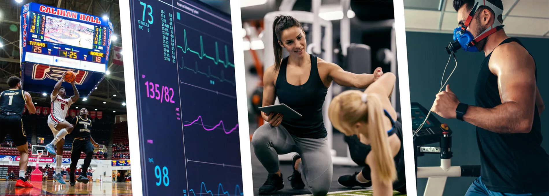 A collage of images featuring men's basketball players, a monitor displaying blood pressure, a trainer working with a woman and a man running on a treadmill.  