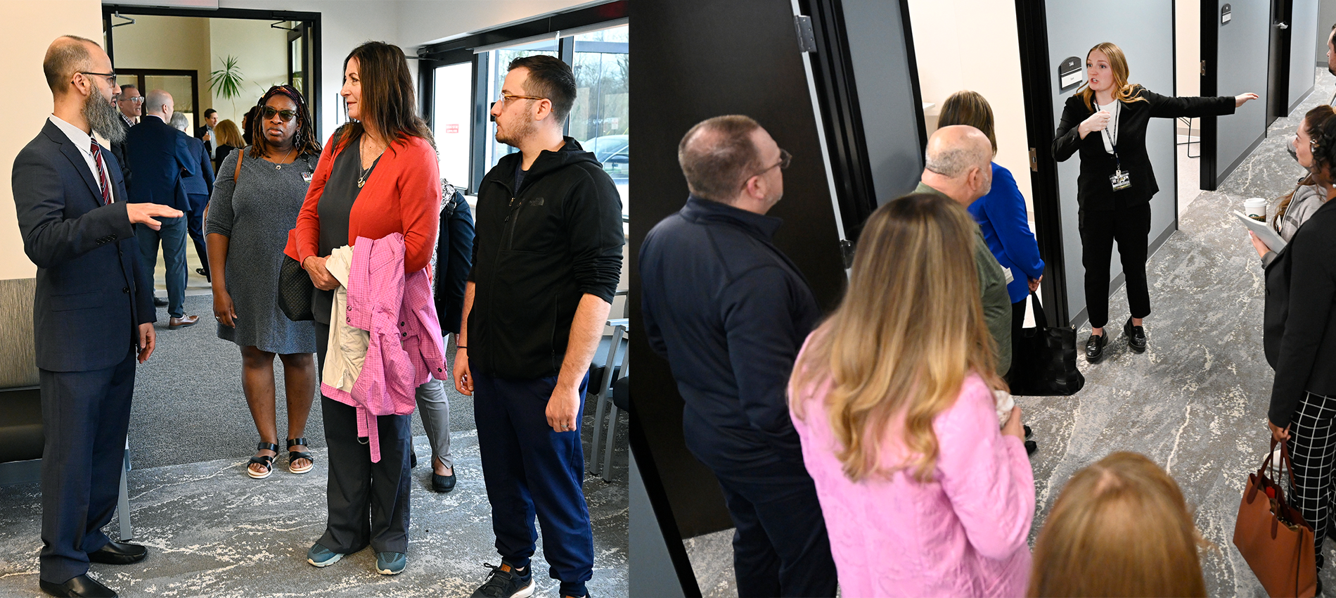 Two photos of people mingling and giving tours inside of the Detroit Mercy Eye Institute.