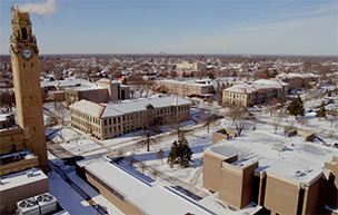 An aerial view of the McNichols Campus during the winter.