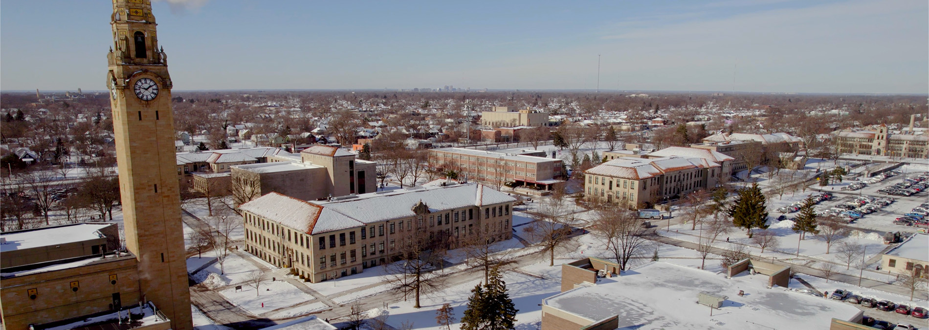 An aerial view of the McNichols Campus during the winter.