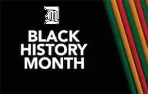 a graphic promoting black history month, featuring a UDM logo