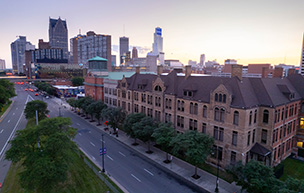 An aerial photograph of Detroit Mercy Law's Riverfront Campus.