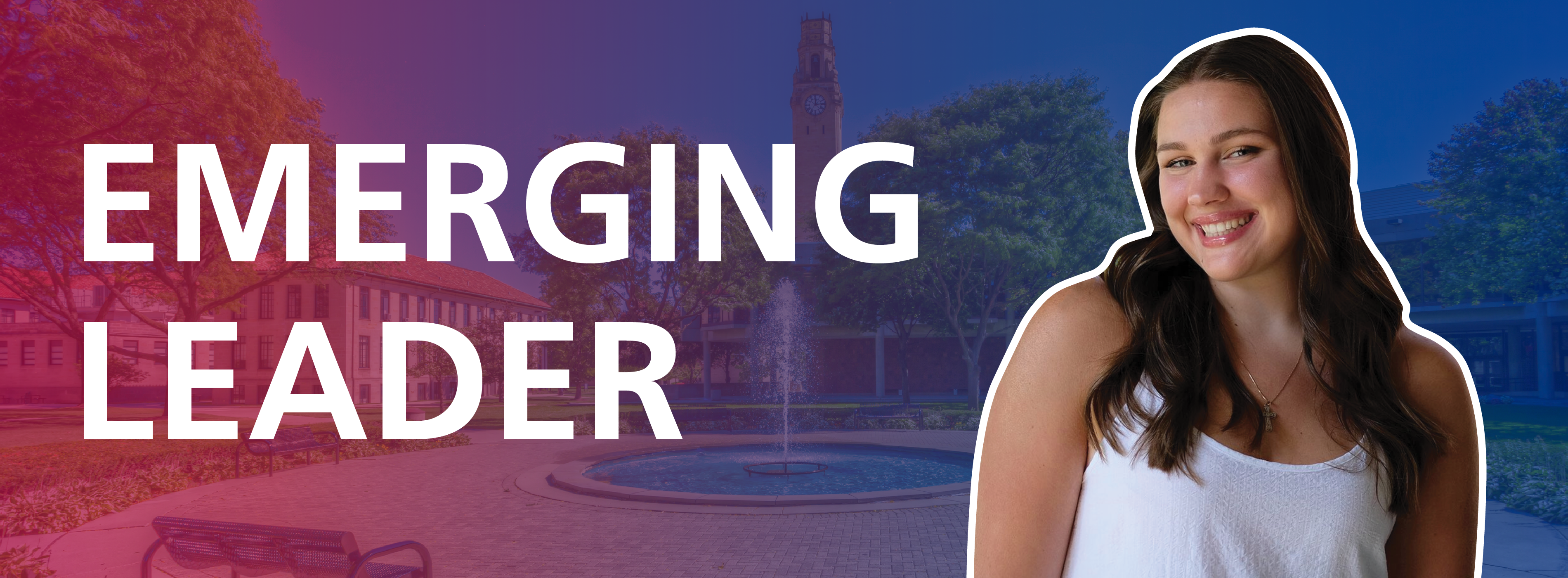 A Detroit Mercy student smiles. Text on the image reads "Emerging Leader."
