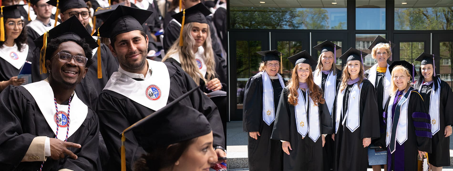 A half-dozen graduates look at the camera, wearing University of Detroit Mercy commencement regalia and at right seven people standing outside of the McNichols Campus Library smile for a photo on a sunny day.
