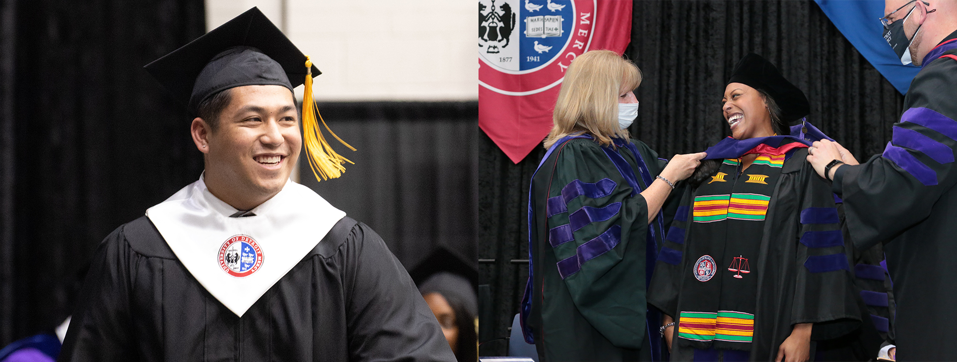 A graduate walks while wearing University of Detroit Mercy commencement regalia at left and three people take part in a Law ceremony on the right.