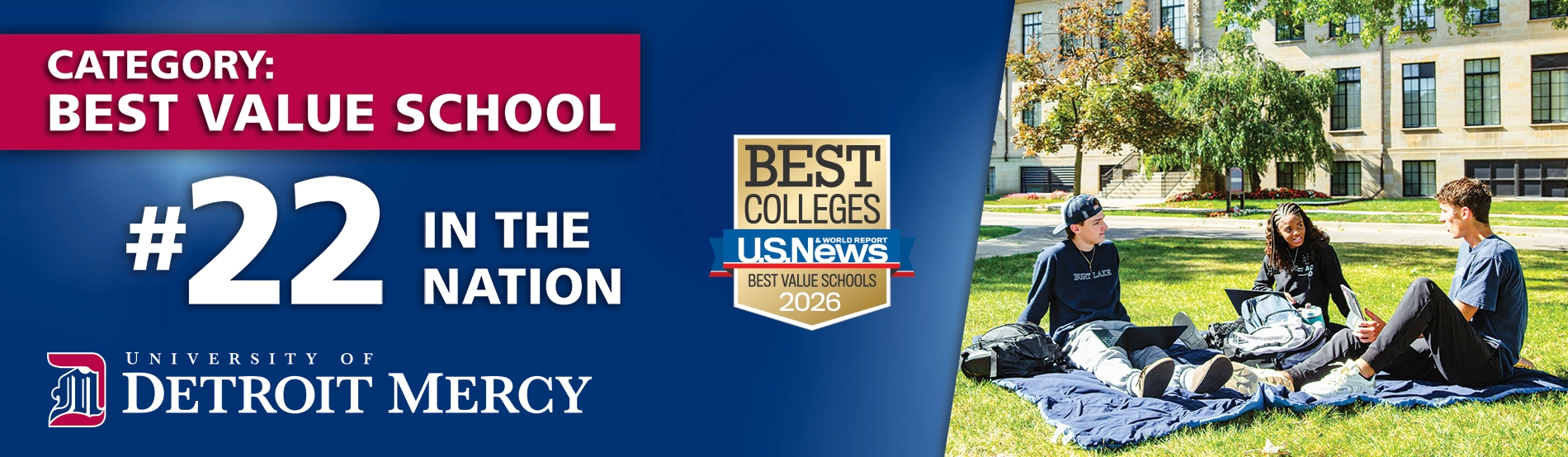 US News & World Report Billboard Best Value School # 22 in nation, group of students sitting on lawn