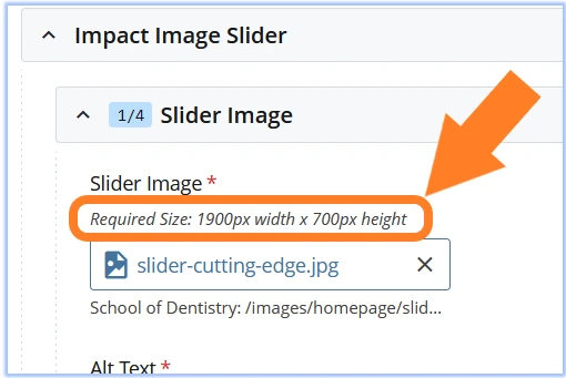 Screen-shot of Cascade CMS showing an edit form field for an image, labeled with required size of 1900 pixels by 700 pixels.