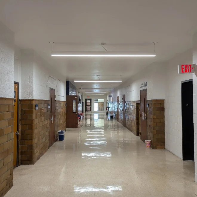 Photo of the 3rd floor of the Engineering building, depicting brand new LED lighting