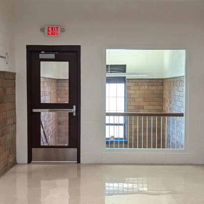 Photo of 3rd floor of Engineering building. Depicting the new window at the end of the stairwell