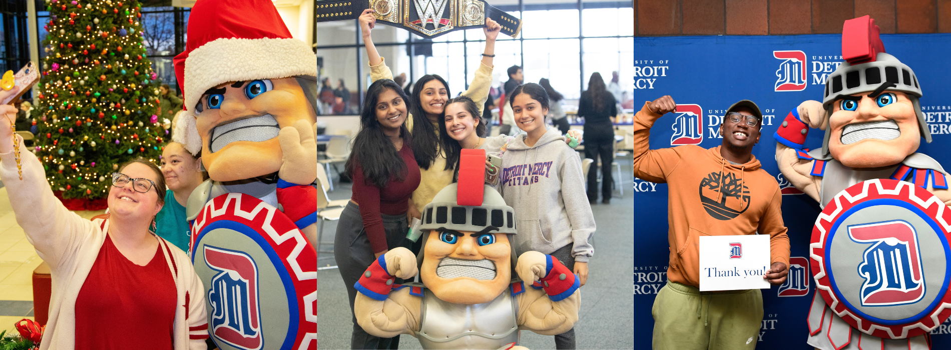 Three photos show Tommy posing with students at events on campus.