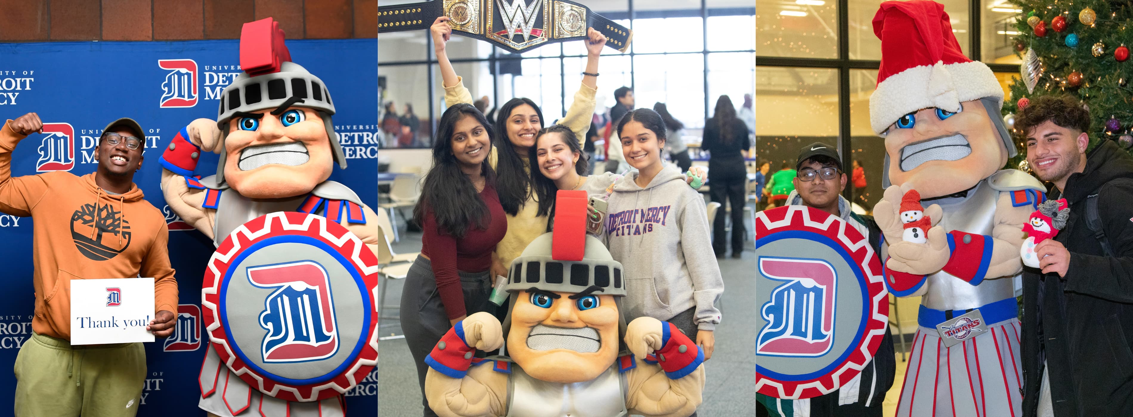 Three photos show Tommy posing with students at events on campus.