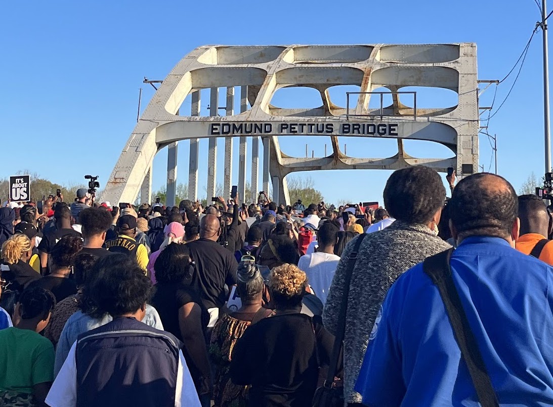 Students marching over the Edmund Pettus Bridge 